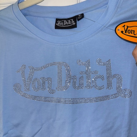 Von Dutch y2k Babydoll Rinestone Cute Crop Top Tee Baby Blue Size Medium NWT - Picture 1 of 3